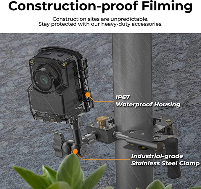 Brinno TLC2020 construction site bundled timing camera waterproof housing ATH1000 & fixed clip kit ACC1000P-HDR and FHD durable battery, rugged stainless steel, 360-degree rotatable tripod arm